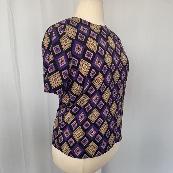 Blouse Top Size Large Purple Tan Geo Diamond Print Short Sleeve Shell Casual Vtg - Picture 4 of 10